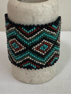 Turquoise & Black Beaded Geometric Cuff Bracelet